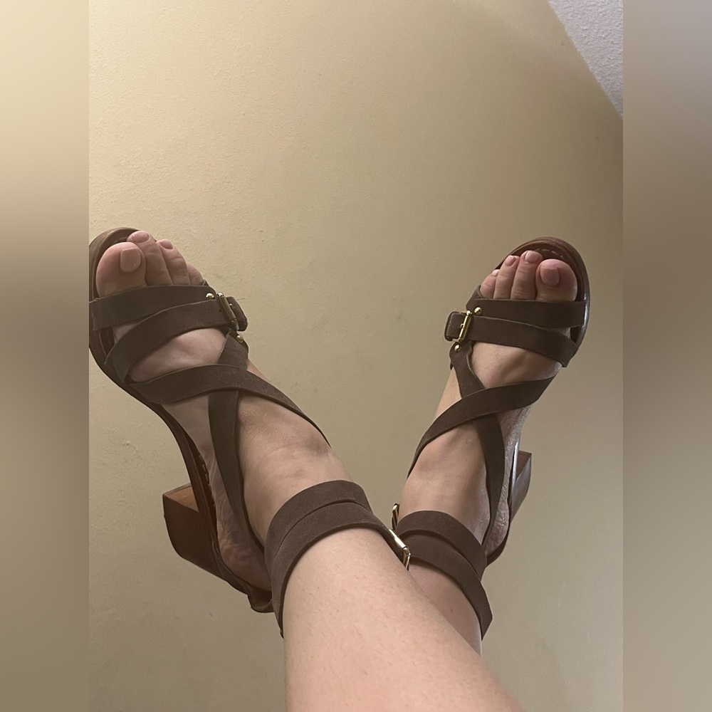 BELLE Sigerson Morrison Gray Suede Strappy Block Heel Sandals sz 7.5 - Picture 11 of 12